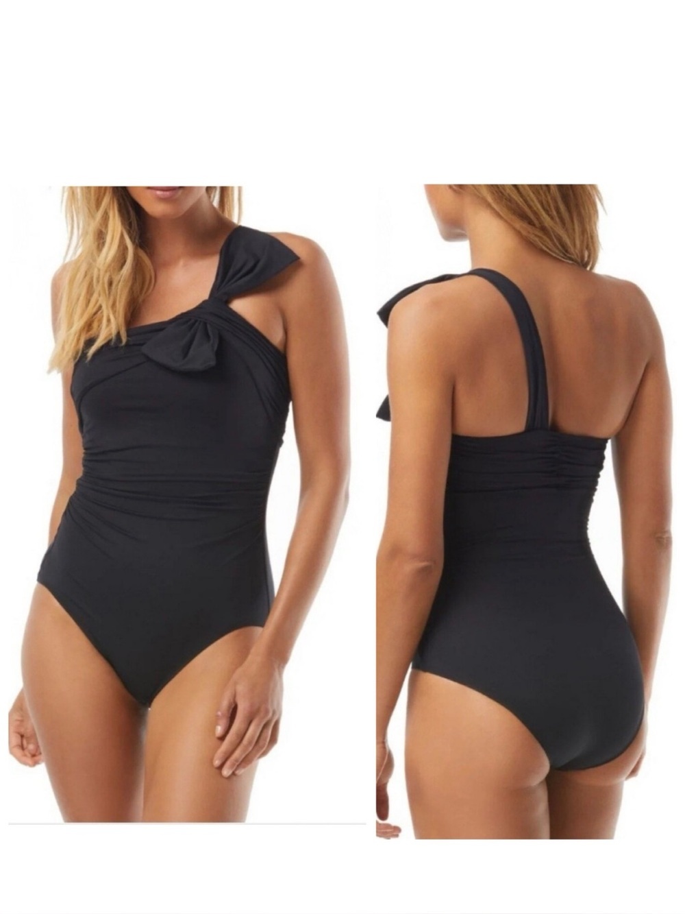Carmen Marc Valvo One Shoulder Bow Ruched 16  Black Bowline Soiree 1PC Swimsuit